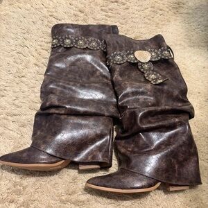 EGO Dark Brown Slouchy Heeled Boots with Embellishments
